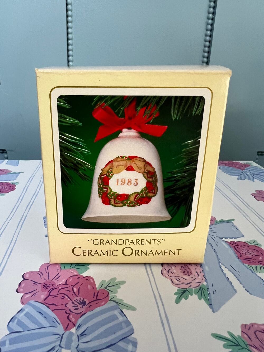 Vintage 1983 Hallmark Grandparents Ceramic Bell Christmas Ornament In Box